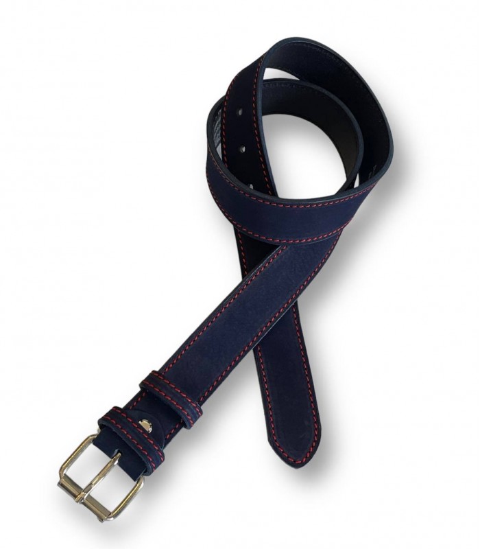 Ανδρική μπλέ ζώνη 3,5cm φάρδος από δέρμα Nubuck και γαζί με κόκκινη κλωστή